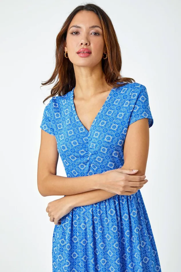 Women Royal Blue Tile Print Midi Stretch Dress Roman Dresses