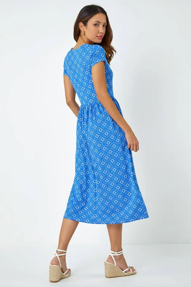 Women Royal Blue Tile Print Midi Stretch Dress Roman Dresses