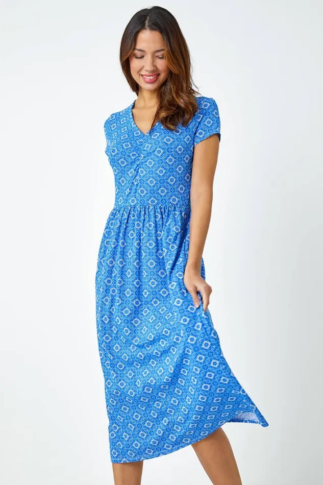 Women Royal Blue Tile Print Midi Stretch Dress Roman Dresses