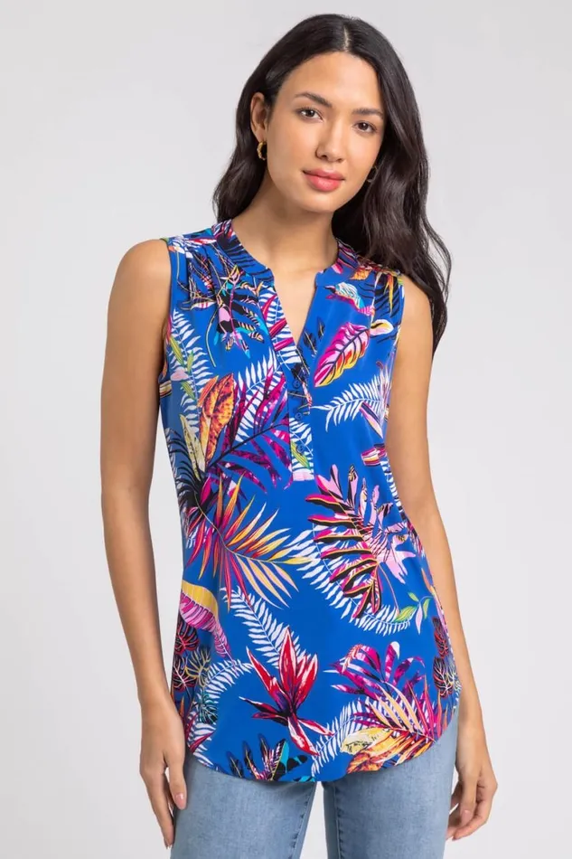 Women Royal Blue Tropical Print Stretch Jersey Top Roman Occasionwear
