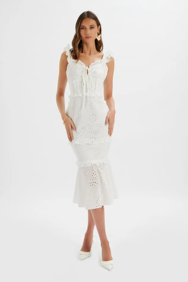 Women Ruffle Dresses Lavish Alice SOFI Broderie Anglais Ruffle Fishtail Midaxi In White White