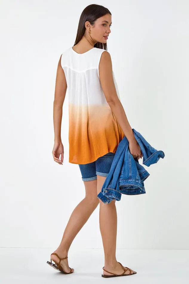 Women Rust Cotton Lace Detail Ombre VNeck Vest Top Roman Tops