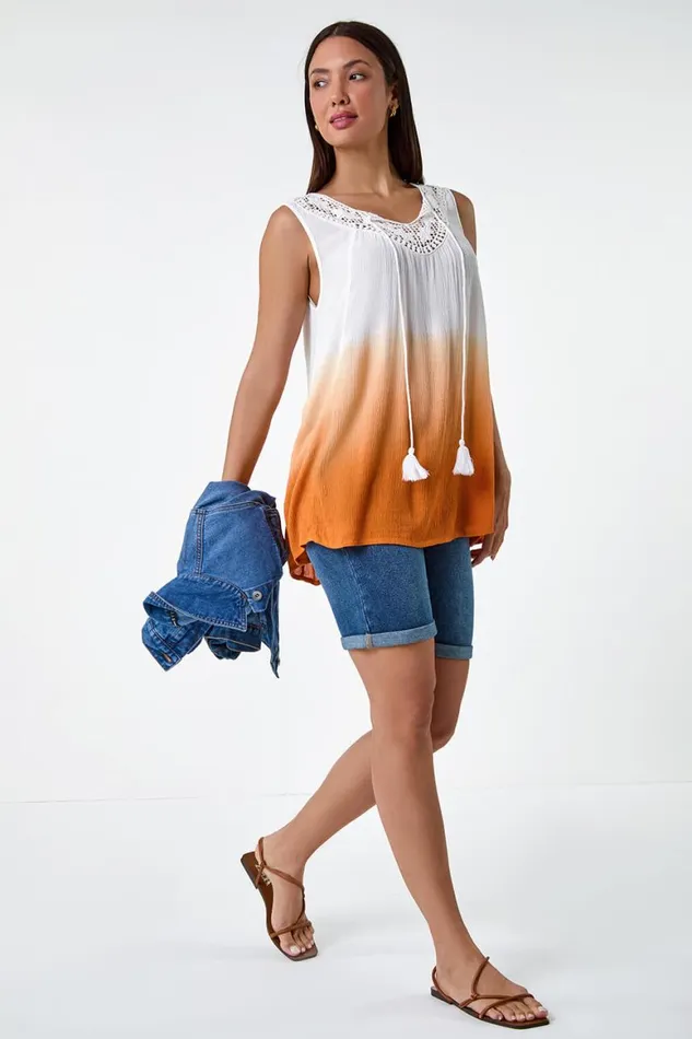 Women Rust Cotton Lace Detail Ombre VNeck Vest Top Roman Tops