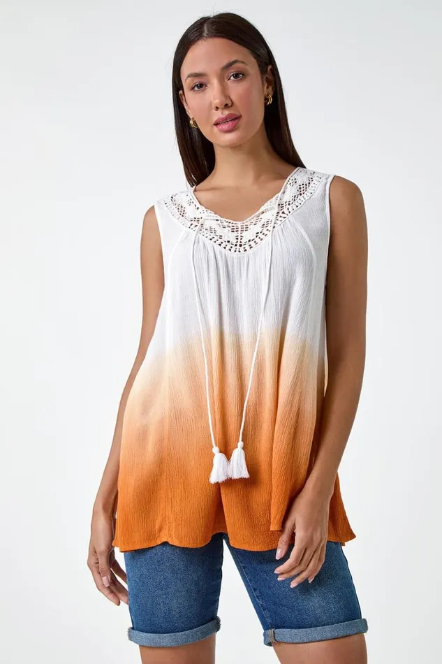 Women Rust Cotton Lace Detail Ombre VNeck Vest Top Roman Tops