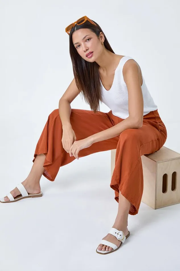 Women Rust Linen Blend Elastic Waist Cropped Culottes Roman Trousers