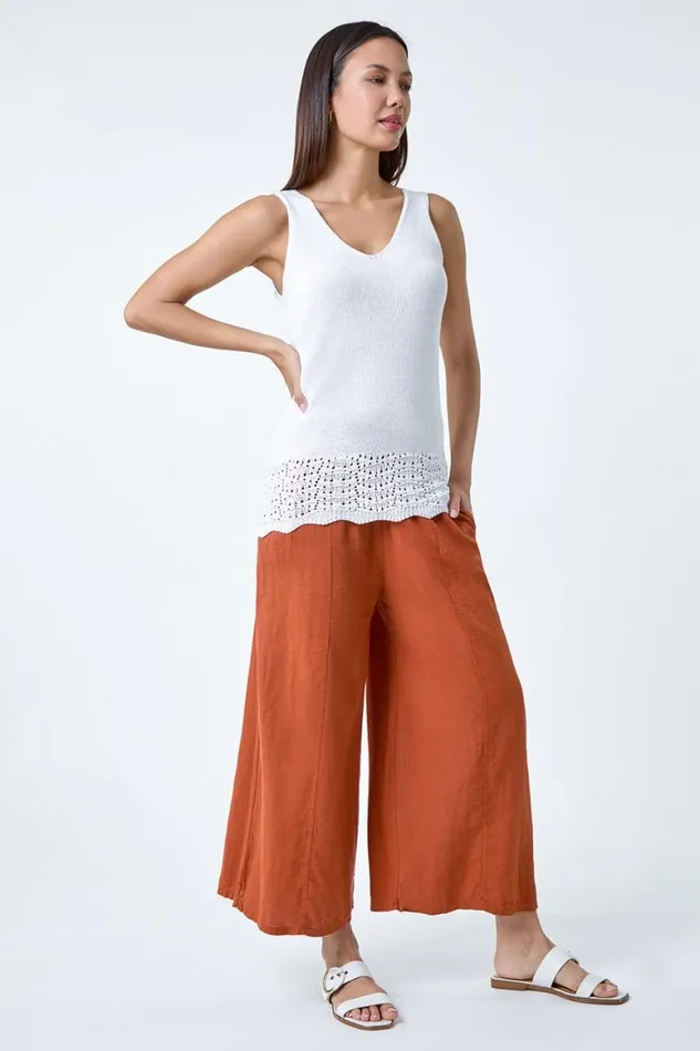 Women Rust Linen Blend Elastic Waist Cropped Culottes Roman Trousers