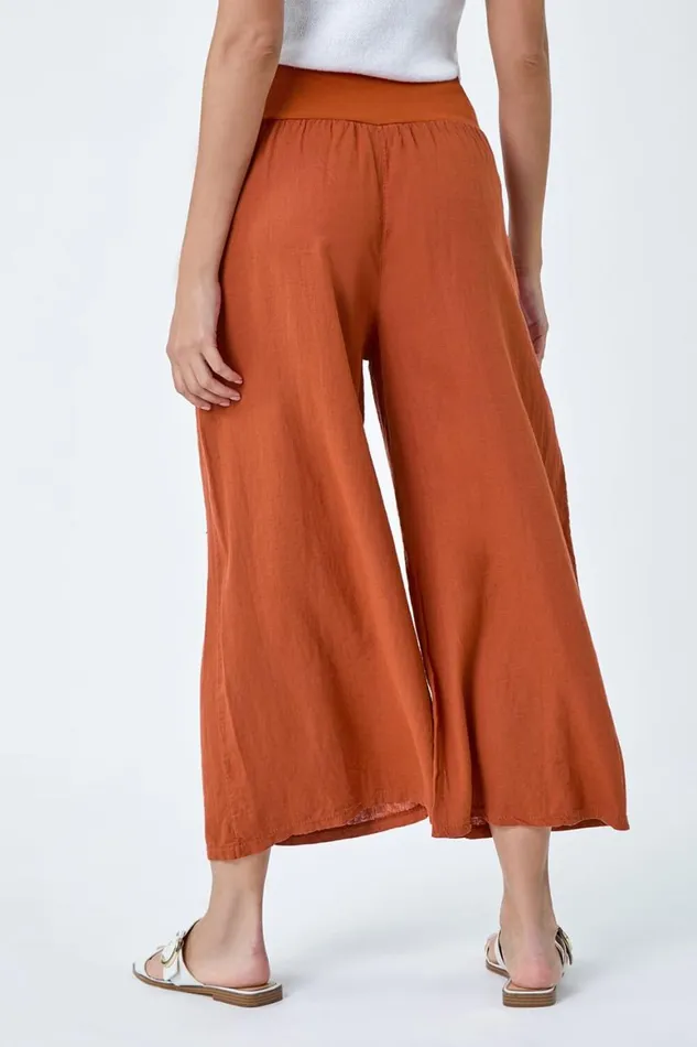 Women Rust Linen Blend Elastic Waist Cropped Culottes Roman Trousers