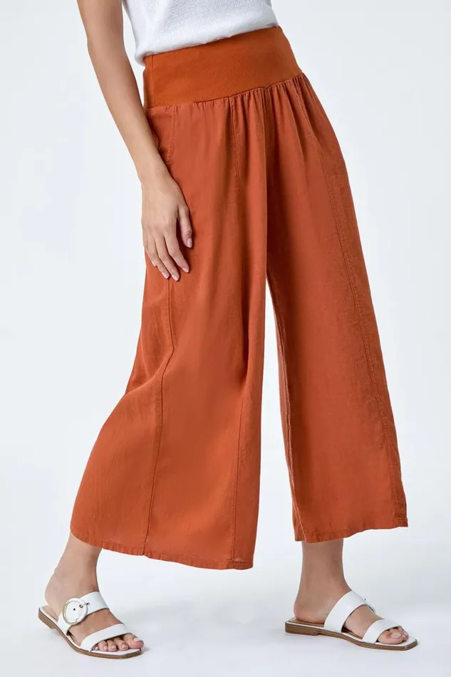 Women Rust Linen Blend Elastic Waist Cropped Culottes Roman Trousers
