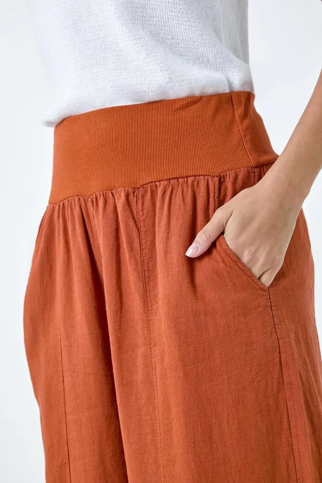 Women Rust Linen Blend Elastic Waist Cropped Culottes Roman Trousers