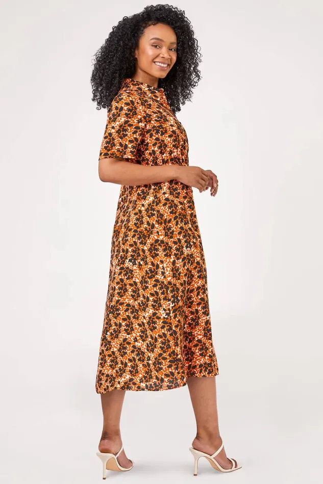 Women Rust Petite Abstract Floral Spot Print Shirt Dress Roman Dresses