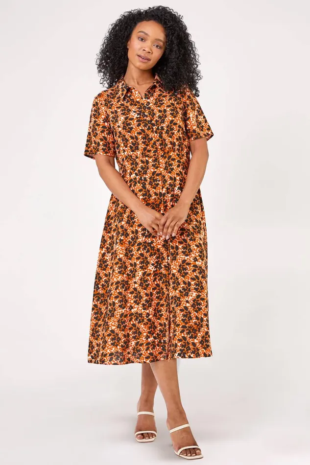 Women Rust Petite Abstract Floral Spot Print Shirt Dress Roman Dresses