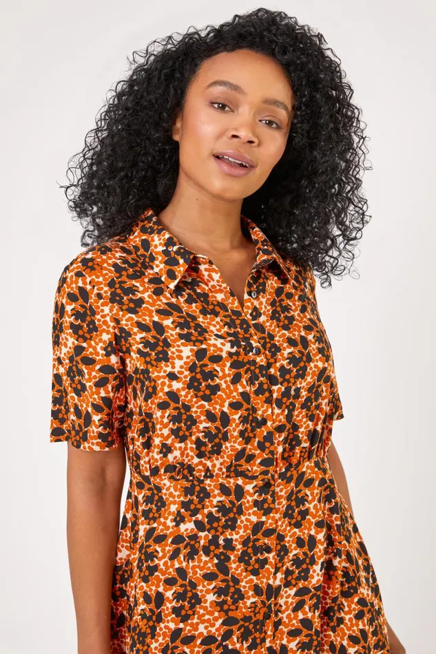 Women Rust Petite Abstract Floral Spot Print Shirt Dress Roman Dresses