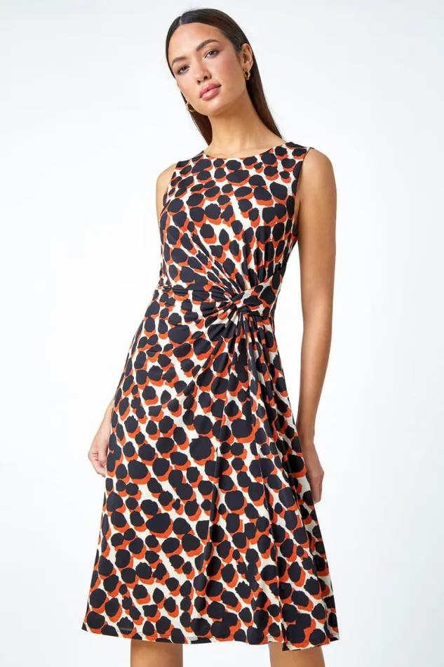 Women Rust Spot Print Drape Detail Stretch Dress Roman Dresses