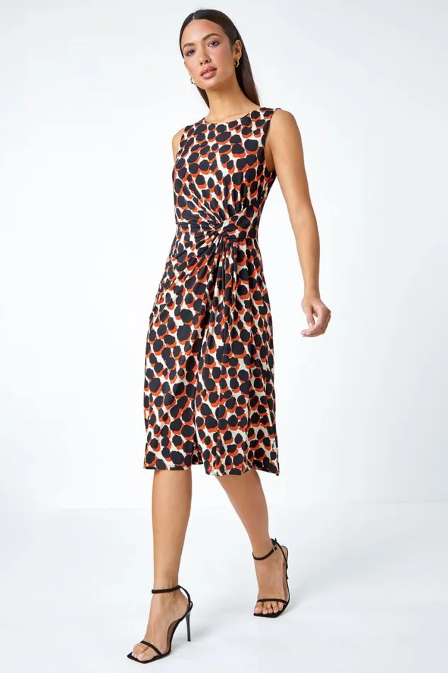 Women Rust Spot Print Drape Detail Stretch Dress Roman Dresses