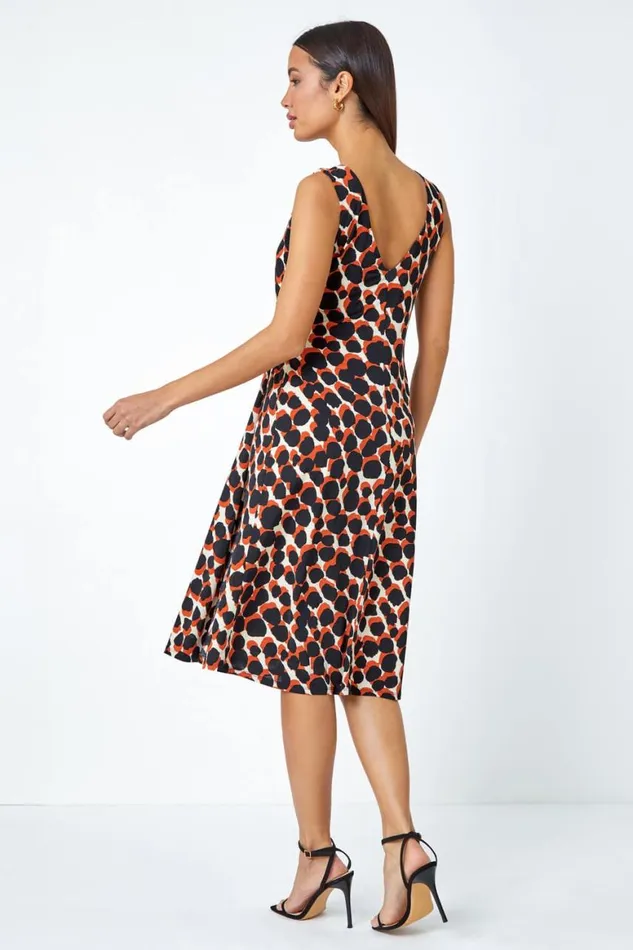 Women Rust Spot Print Drape Detail Stretch Dress Roman Dresses
