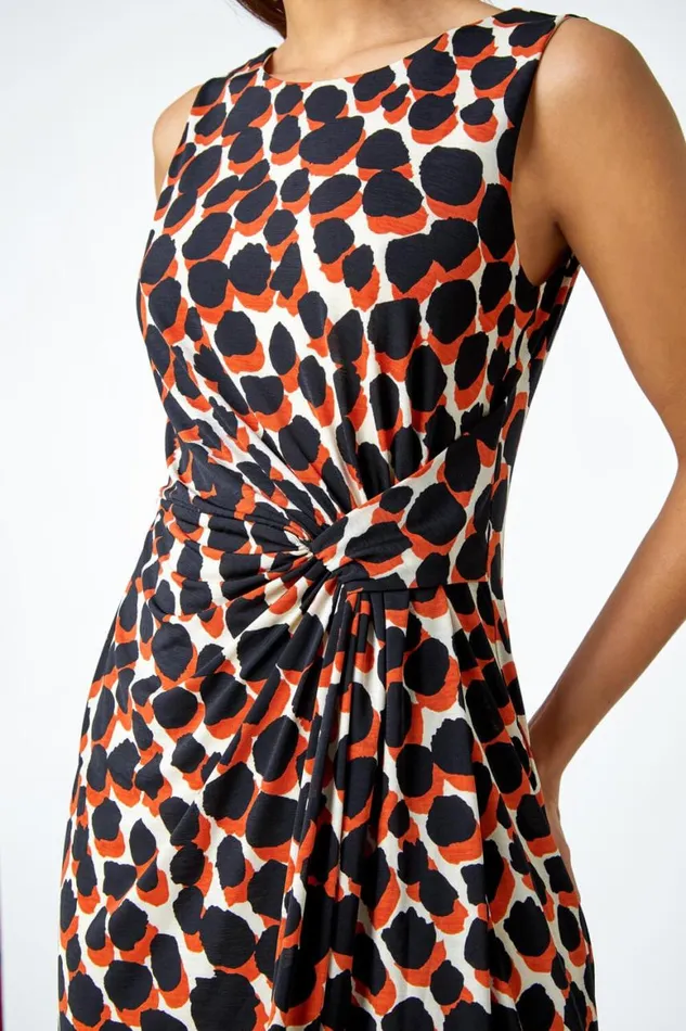 Women Rust Spot Print Drape Detail Stretch Dress Roman Dresses