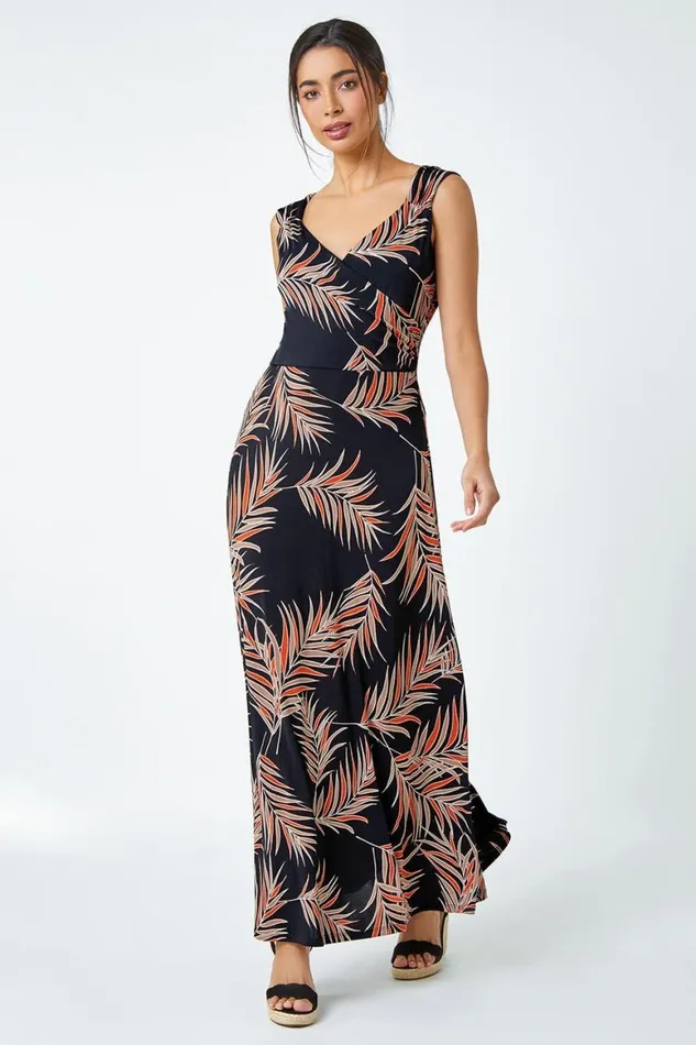 Women Rust Tropical Puff Print Wrap Maxi Dress Roman Dresses