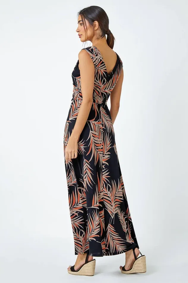 Women Rust Tropical Puff Print Wrap Maxi Dress Roman Dresses