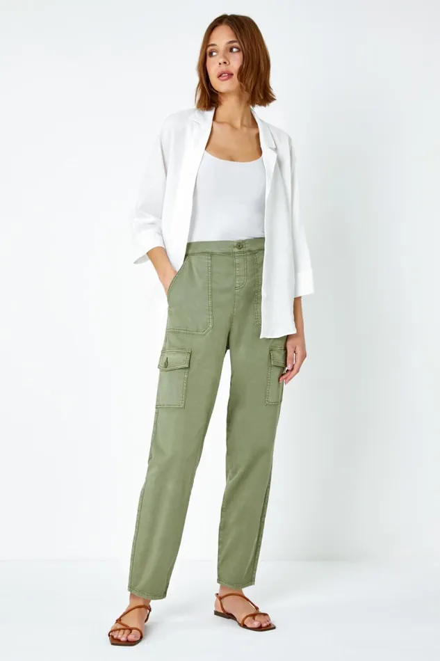 Women Sage Casual Elastic Waist Cargo Stretch Trousers Roman Trousers