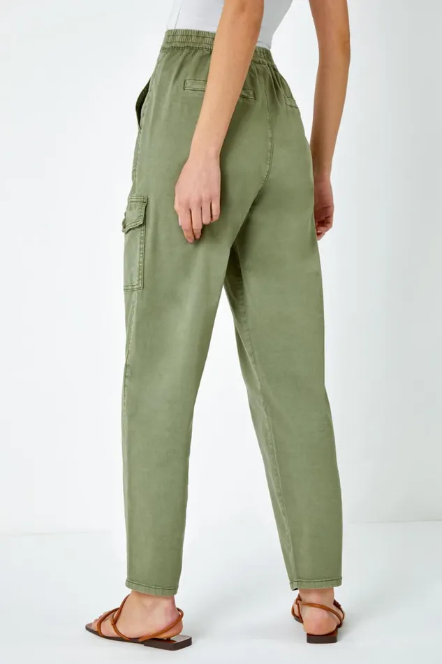 Women Sage Casual Elastic Waist Cargo Stretch Trousers Roman Trousers