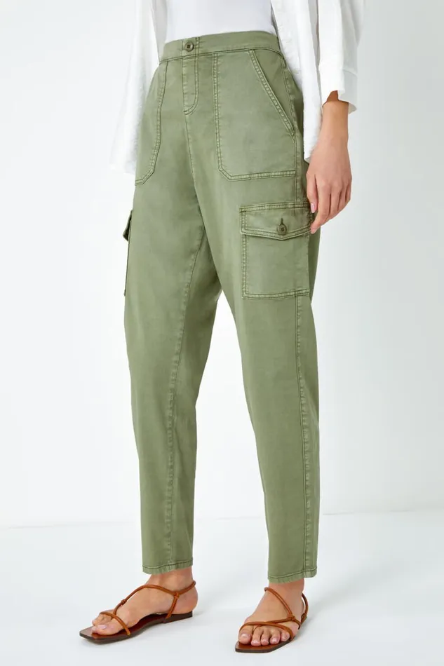 Women Sage Casual Elastic Waist Cargo Stretch Trousers Roman Trousers
