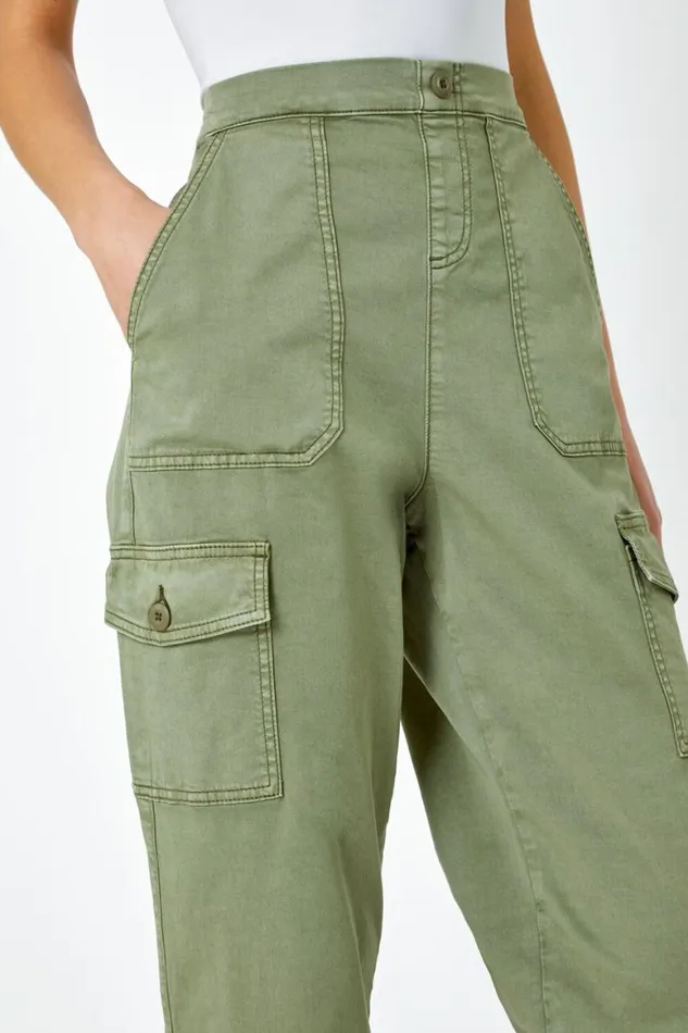 Women Sage Casual Elastic Waist Cargo Stretch Trousers Roman Trousers