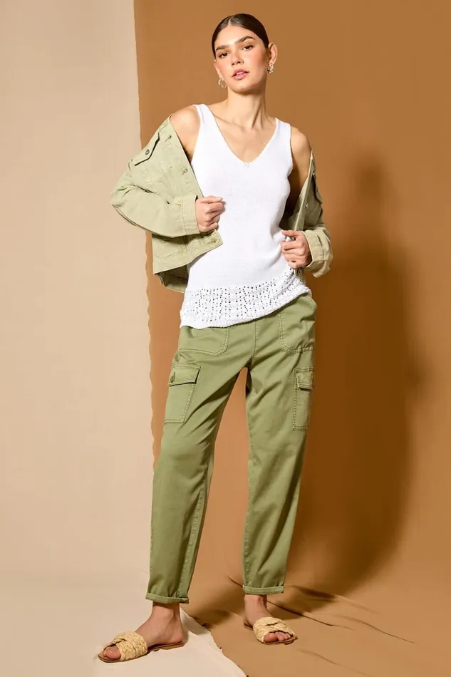 Women Sage Casual Elastic Waist Cargo Stretch Trousers Roman Trousers