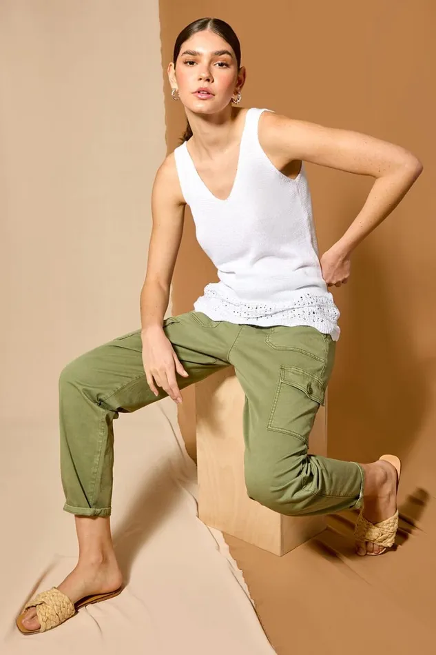 Women Sage Casual Elastic Waist Cargo Stretch Trousers Roman Trousers