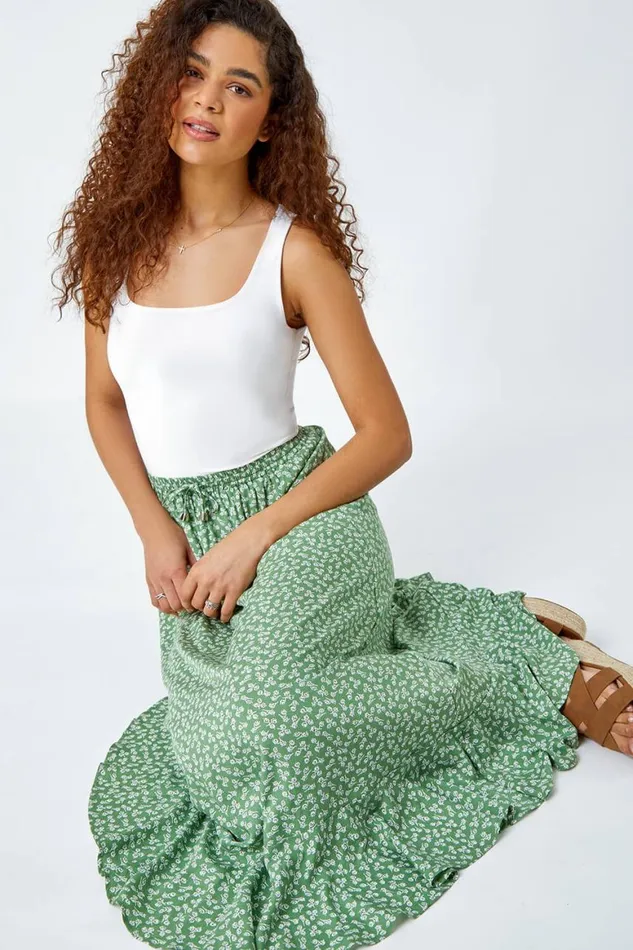 Women Sage Ditsy Floral Frill Hem Midi Skirt Roman Skirts