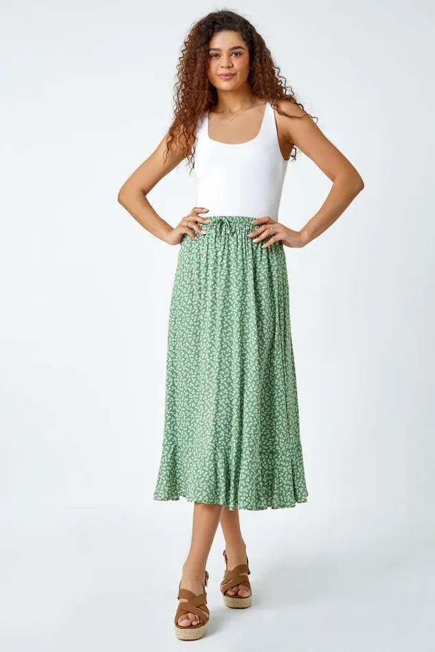 Women Sage Ditsy Floral Frill Hem Midi Skirt Roman Skirts