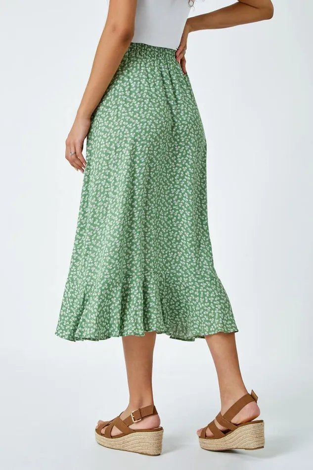 Women Sage Ditsy Floral Frill Hem Midi Skirt Roman Skirts