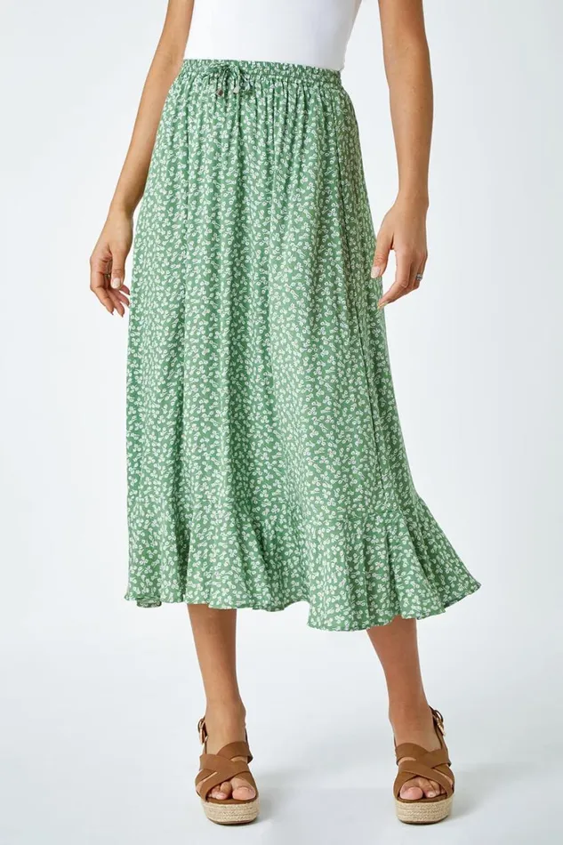 Women Sage Ditsy Floral Frill Hem Midi Skirt Roman Skirts