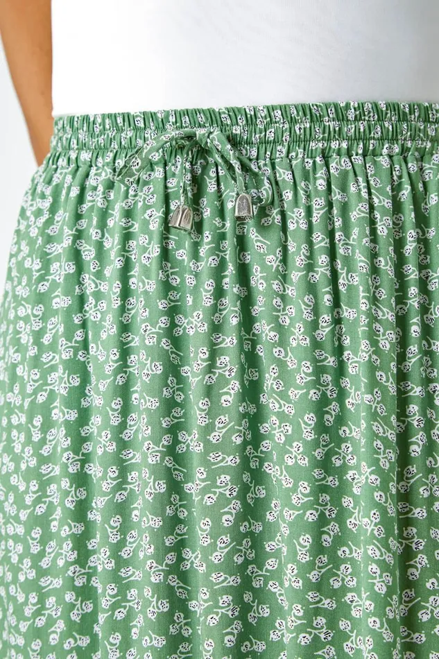 Women Sage Ditsy Floral Frill Hem Midi Skirt Roman Skirts