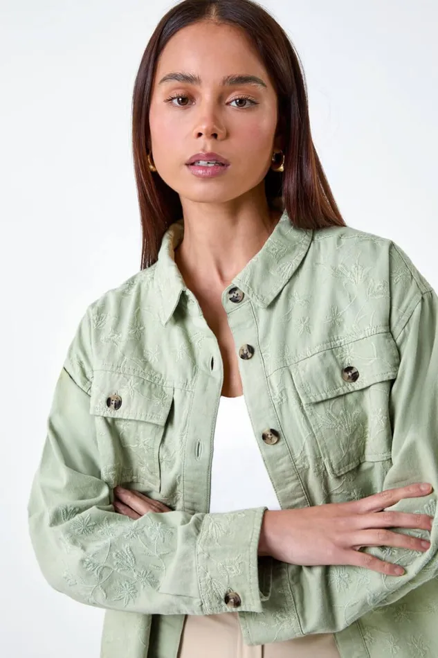 Women Sage Petite Cotton Broderie Pocket Jacket Roman Jackets