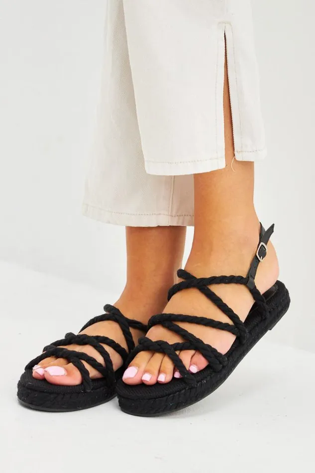 Women Sandales En Corde Et Coton Brides Noires Black Brentiny Paris Sandals