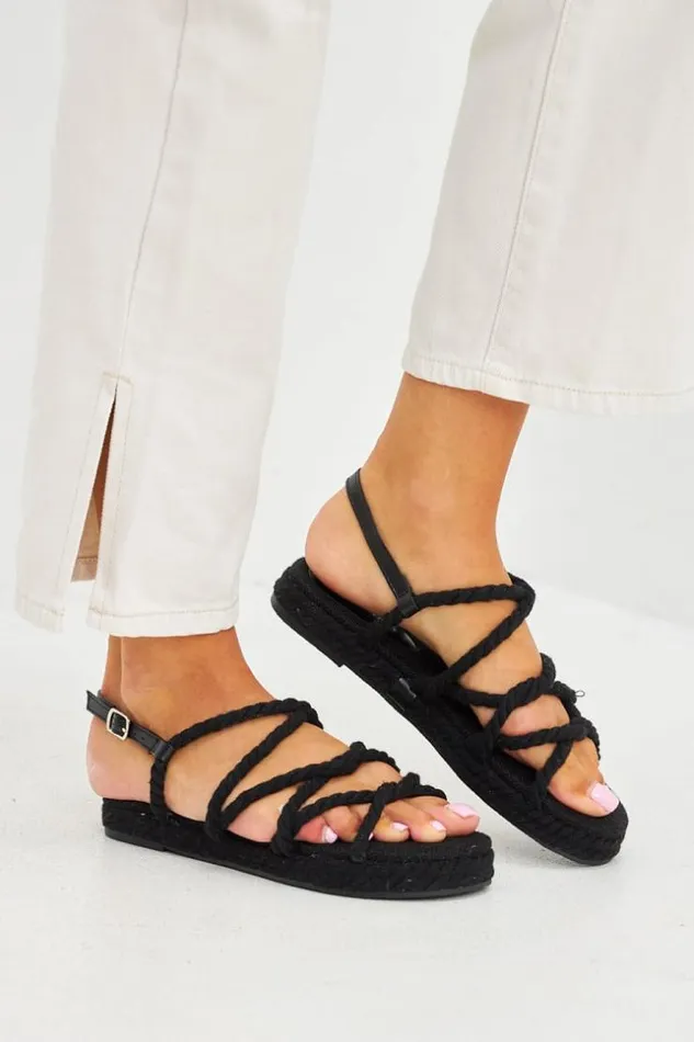 Women Sandales En Corde Et Coton Brides Noires Black Brentiny Paris Sandals