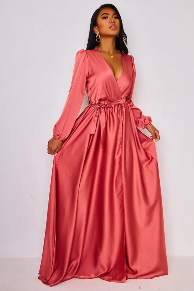 Women Satin Belted Maxi Dress In Pink Pink Brentiny Paris Ceremonial Outfits