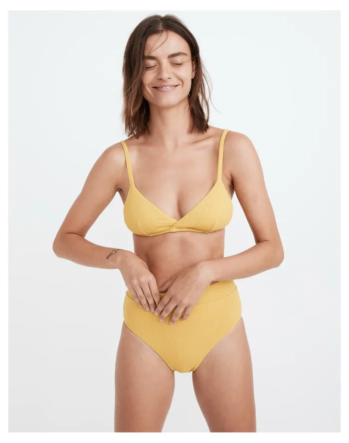 Women Second Wave Ribbed High Cut Bikini Bottom Gilded Chartreuse Madewell Swim