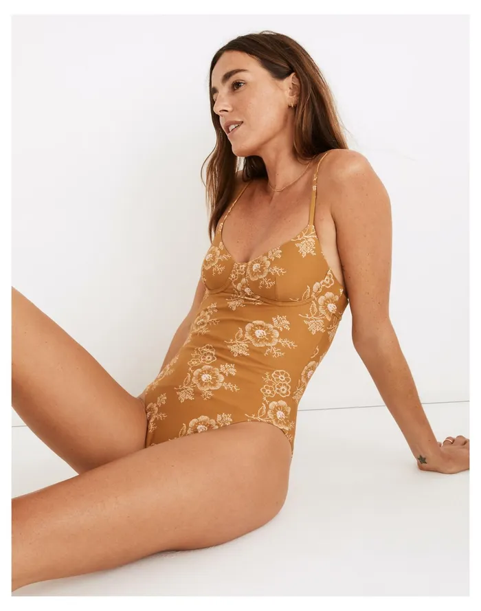 Women Second Wave Seamed One Piece Swimsuit In Letterpress Floral Antique Gold Madewell Swim Women Second Wave Seamed One Piece Swimsuit In Letterpress Floral Antique Gold Madewell Swim
