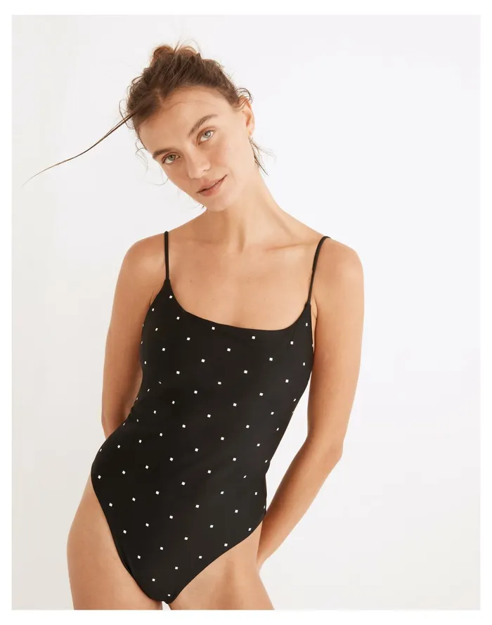 Women Second Wave Spaghetti Strap One Piece Swimsuit In Square Spots True Black Madewell Swim