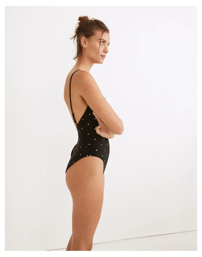 Women Second Wave Spaghetti Strap One Piece Swimsuit In Square Spots True Black Madewell Swim Women Second Wave Spaghetti Strap One Piece Swimsuit In Square Spots True Black Madewell Swim