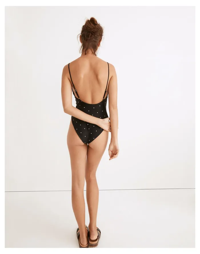 Women Second Wave Spaghetti Strap One Piece Swimsuit In Square Spots True Black Madewell Swim Women Second Wave Spaghetti Strap One Piece Swimsuit In Square Spots True Black Madewell Swim