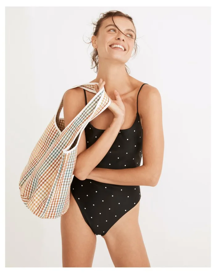 Women Second Wave Spaghetti Strap One Piece Swimsuit In Square Spots True Black Madewell Swim Women Second Wave Spaghetti Strap One Piece Swimsuit In Square Spots True Black Madewell Swim