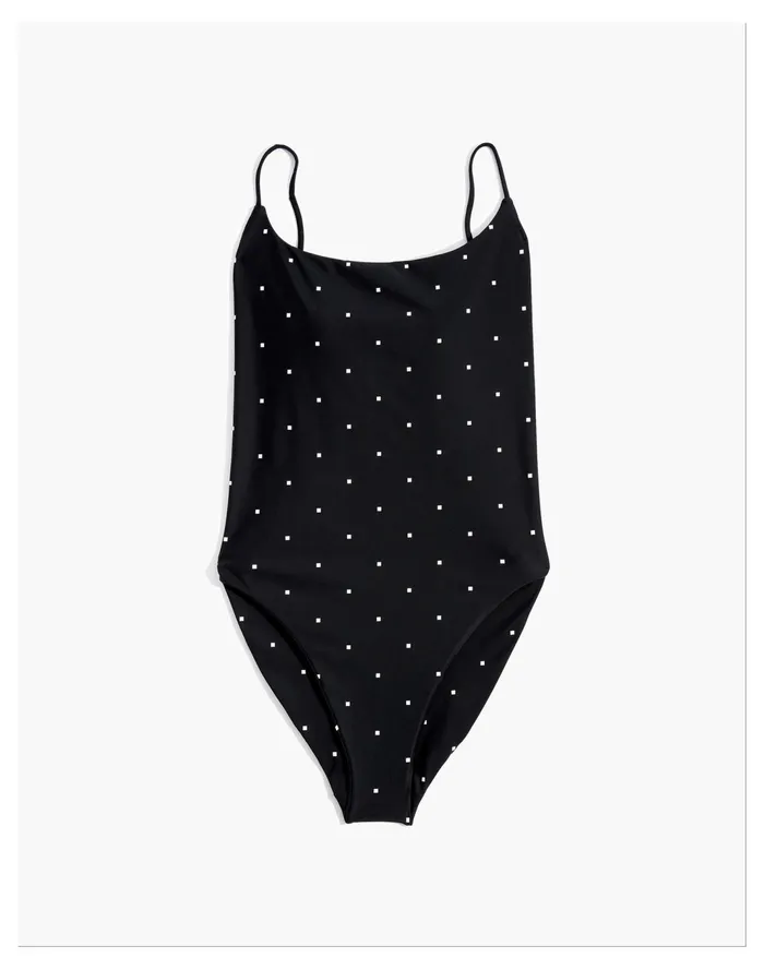 Women Second Wave Spaghetti Strap One Piece Swimsuit In Square Spots True Black Madewell Swim Women Second Wave Spaghetti Strap One Piece Swimsuit In Square Spots True Black Madewell Swim