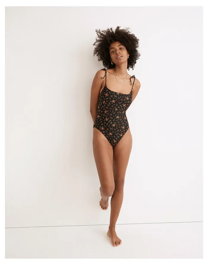 Women Second Wave Tie Spaghetti Strap One Piece Swimsuit In Fresh Sprigs True Black Madewell Swim Women Second Wave Tie Spaghetti Strap One Piece Swimsuit In Fresh Sprigs True Black Madewell Swim
