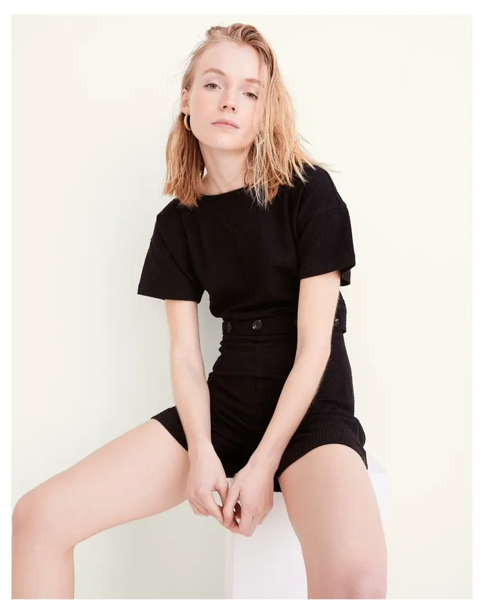 Women Seersucker Knit Button Waist Romper True Black Madewell Jumpsuits and Overalls