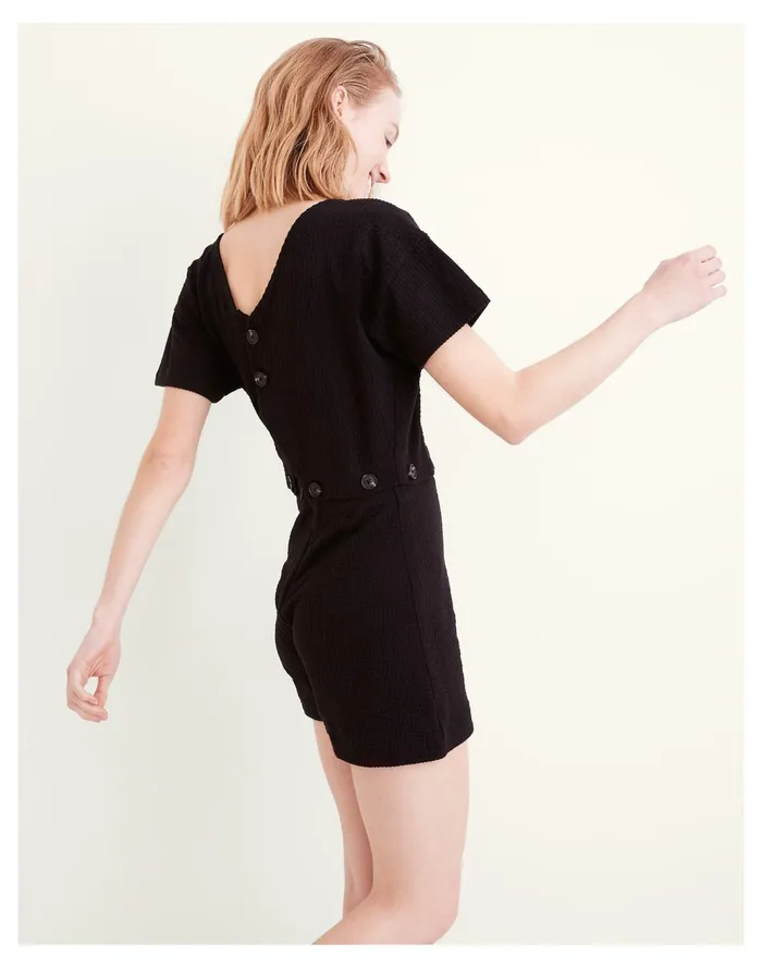 Women Seersucker Knit Button Waist Romper True Black Madewell Jumpsuits and Overalls Women Seersucker Knit Button Waist Romper True Black Madewell Jumpsuits and Overalls