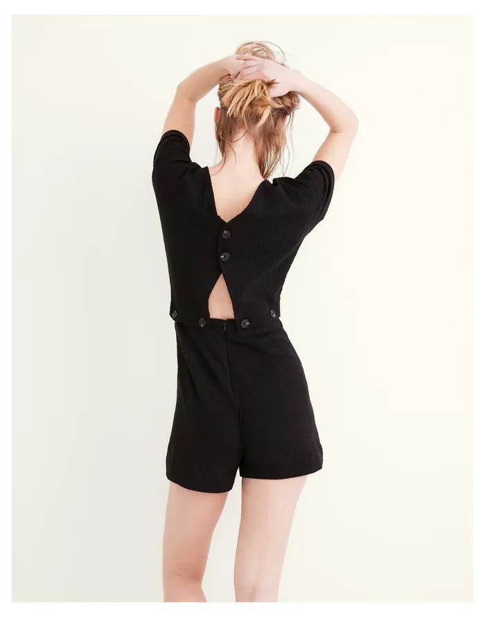 Women Seersucker Knit Button Waist Romper True Black Madewell Jumpsuits and Overalls Women Seersucker Knit Button Waist Romper True Black Madewell Jumpsuits and Overalls