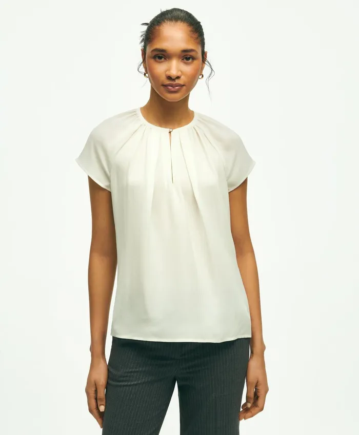 Women Short Sleeve Silk Georgette Blouse Off White Brooks Brothers Blouses and Shirts