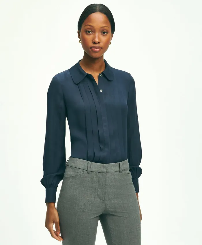 Women Silk Georgette Pleated Chiffon Blouse Blue Brooks Brothers Blouses and Shirts